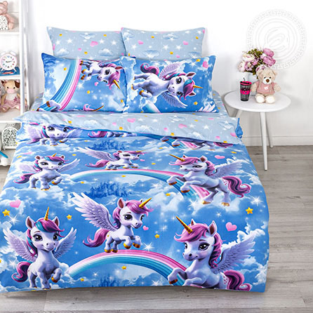 Бязь единорожки, детский. Цвет синий. Основная