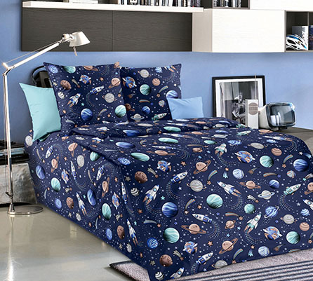 Перкаль космонавтика 1, детский. Цвет синий.