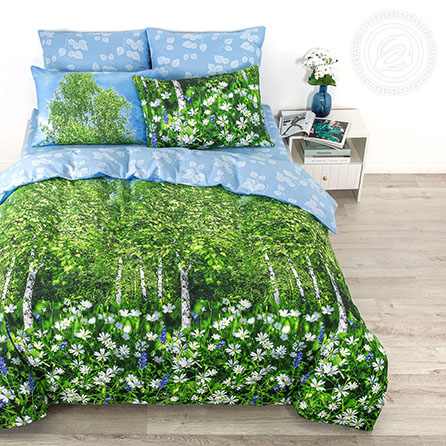 Поплин белая березонька, пейзажи. Цвет зеленый. Основная