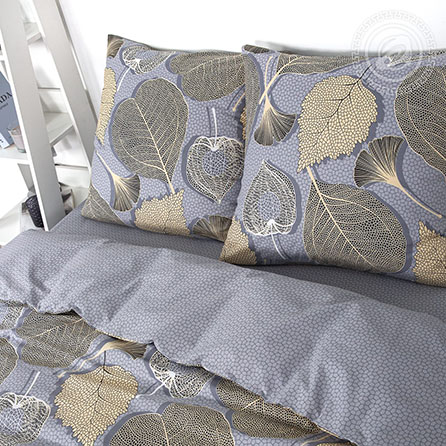 Поплин золотые листья, листья. Цвет серый. Компаньон