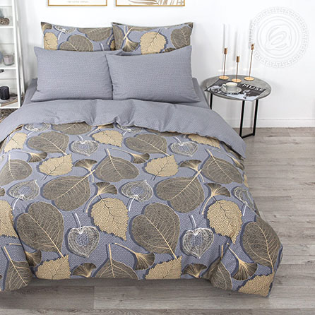 Поплин золотые листья, листья. Цвет серый. Основная