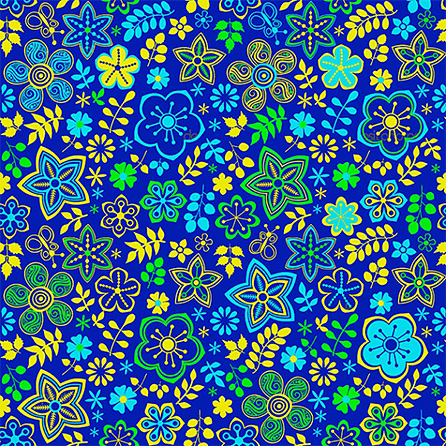 Поплин плательный рисунок 1570, цветы. Цвет синий. Вид 1