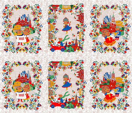 Рогожка московские мишки, животные. Цвет красный.