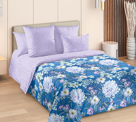 Сатин белый букет 2 син 235, цветы. Цвет синий. Основная